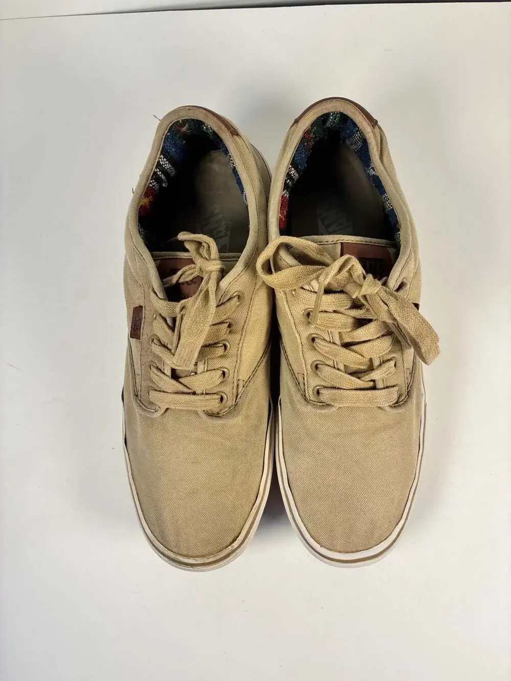 Vans Canvas Low Top Sneakers Tan Brown Leather Heel Detail